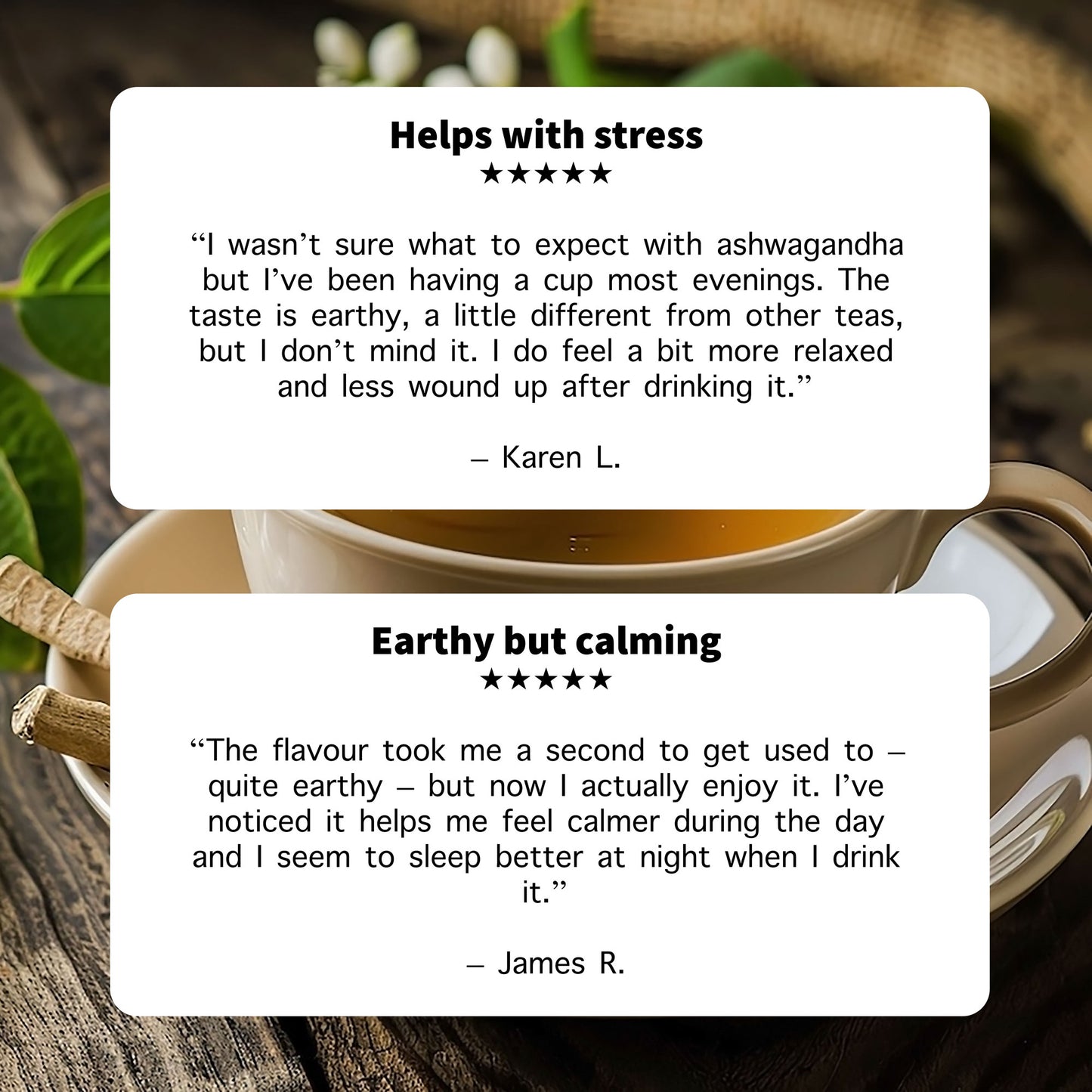 Tea cup with customer reviews on stress relief and calming effects