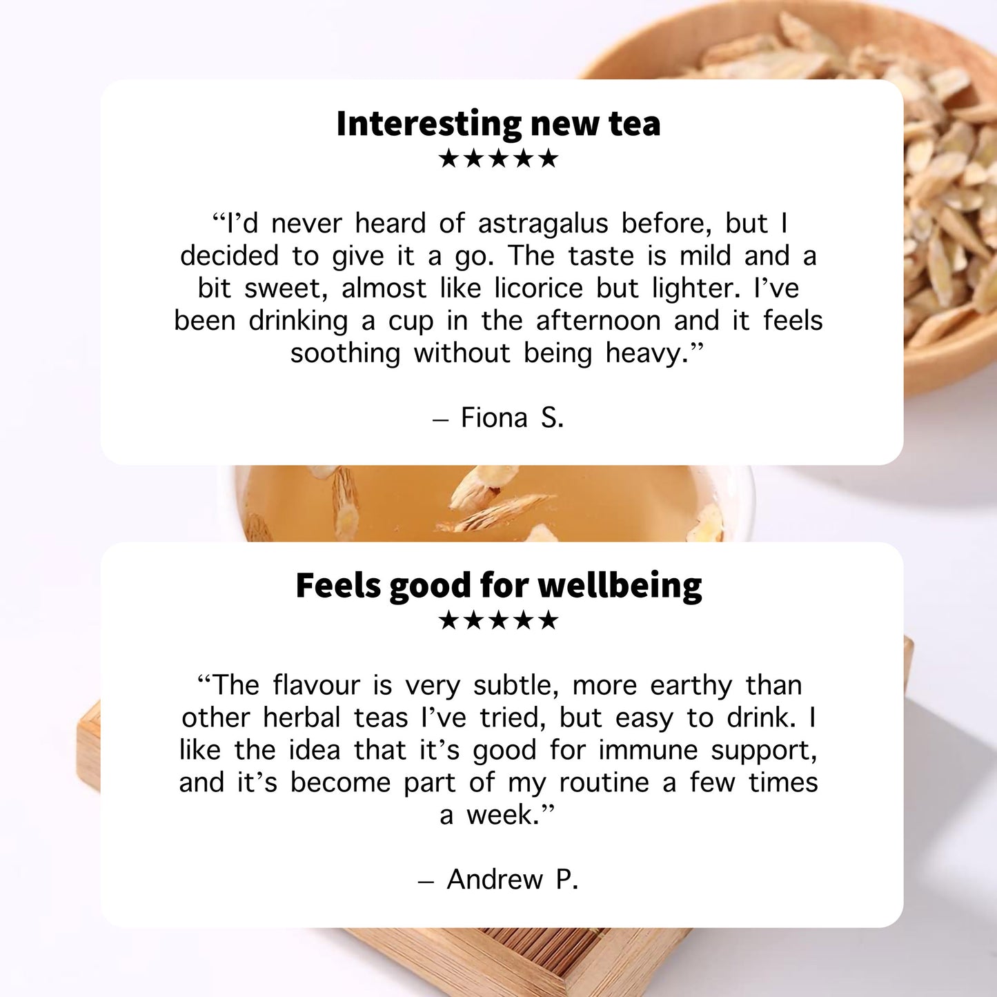 Tea packaging with user reviews and a bowl of dried herbs on a white background