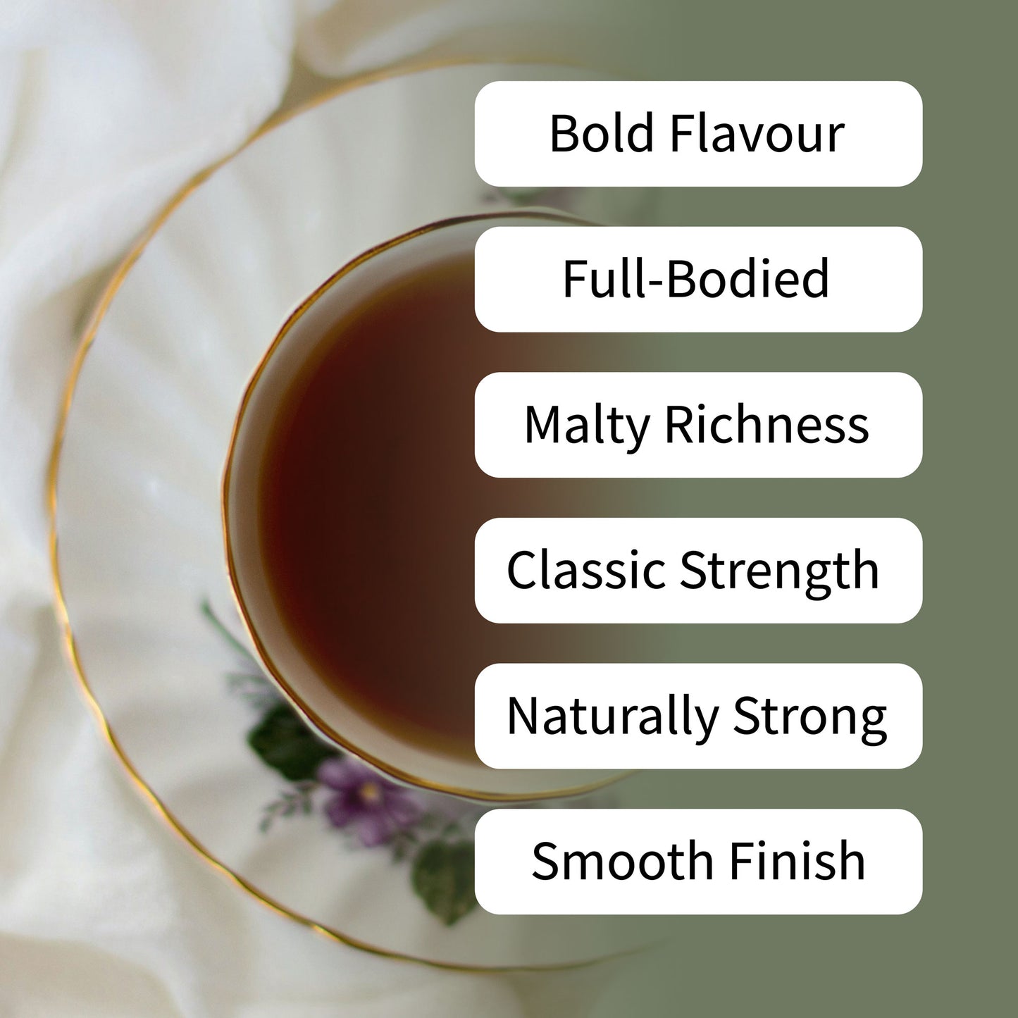 Tea cup with text describing tea characteristics on a green background