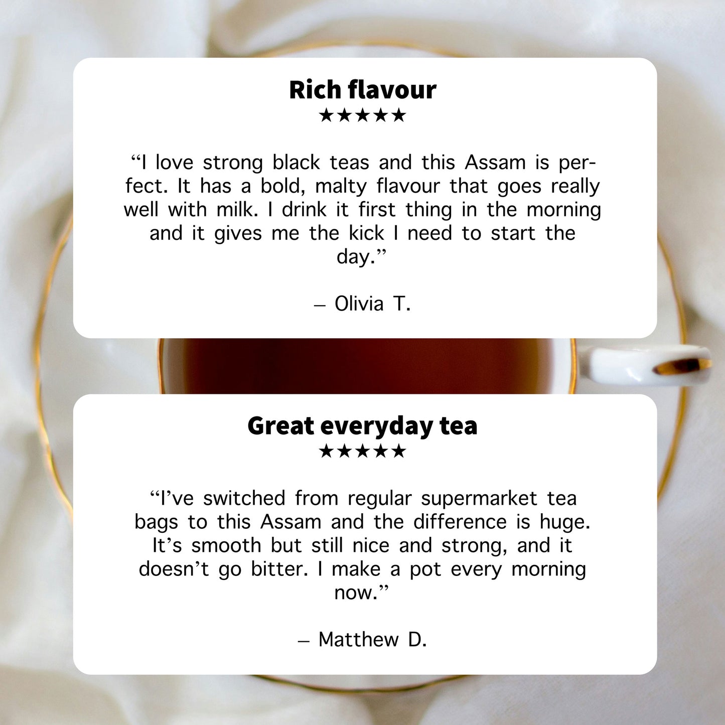 Reviews of a strong black tea with a cup in the background