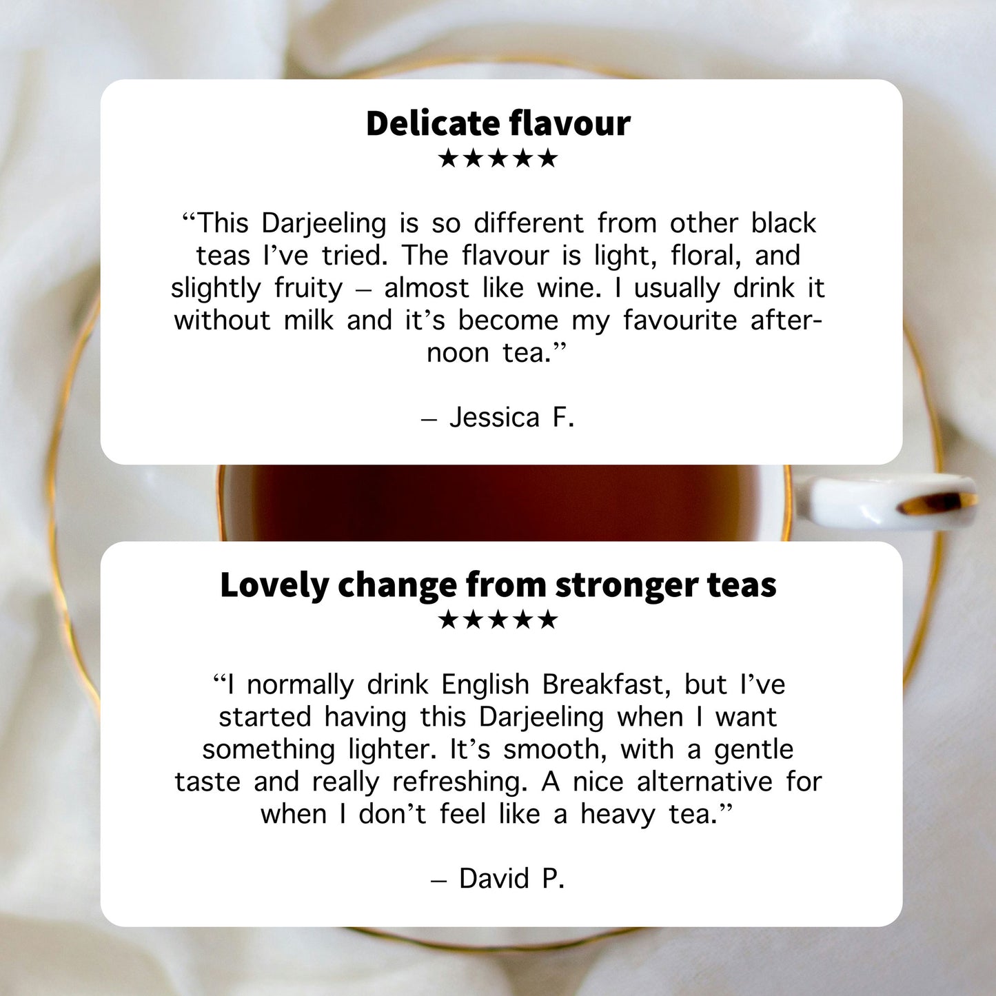 Reviews of Darjeeling tea with a cup in the background