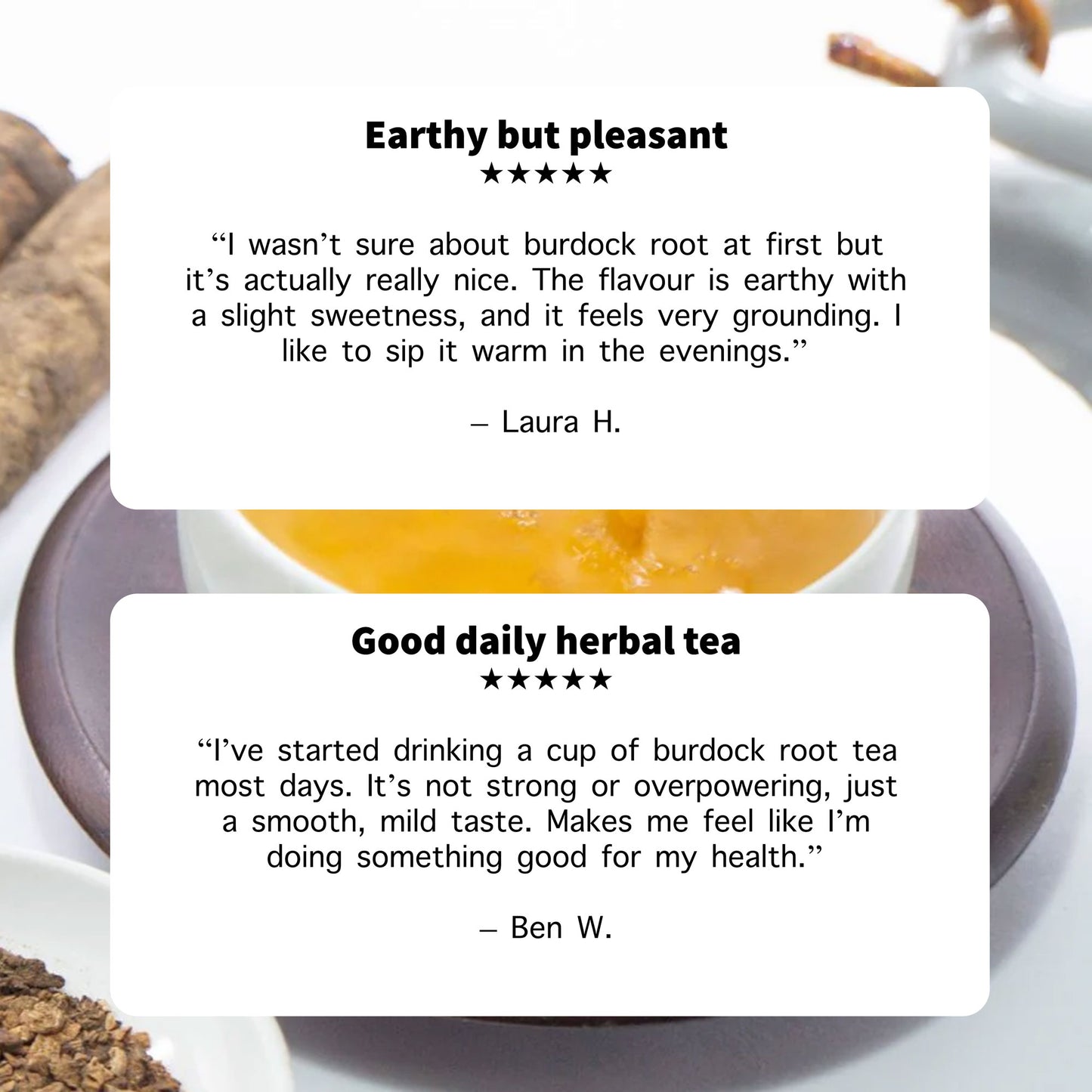 Tea leaves and a cup of tea with customer reviews on a white background