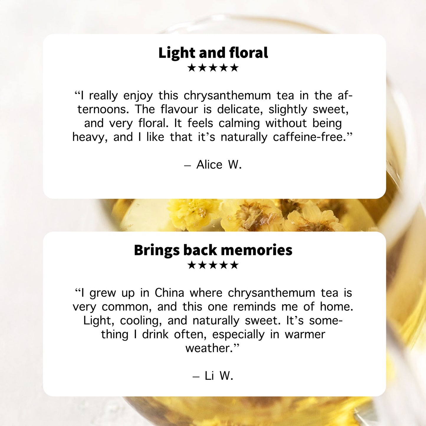 Chrysanthemum tea with customer reviews on a white background