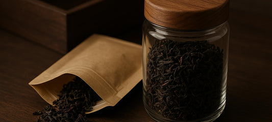 Loose leaf black tea stored in a sealed glass jar
