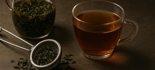 Brewed loose leaf tea with infuser and steeped leaves