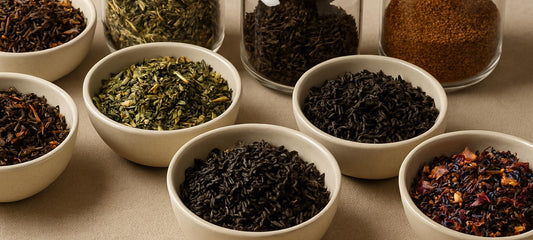 Assorted loose leaf teas displayed in ceramic bowls
