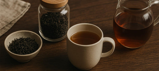 Loose leaf tea with teapot and brewed tea on a wooden table