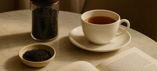 Loose leaf tea, brewed tea and an open book