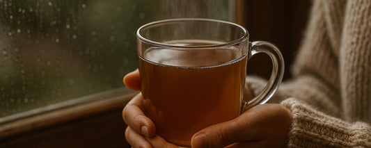Hands holding herbal tea beside a rain-covered window