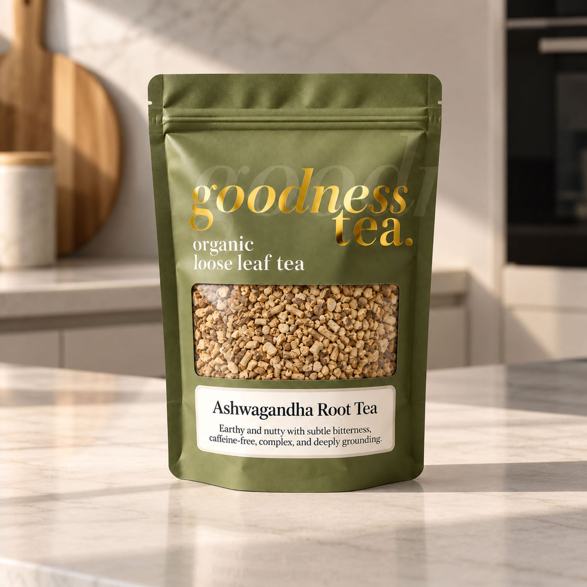 Goodness Tea Organic Ashwagandha Root Herbal Tea pouch