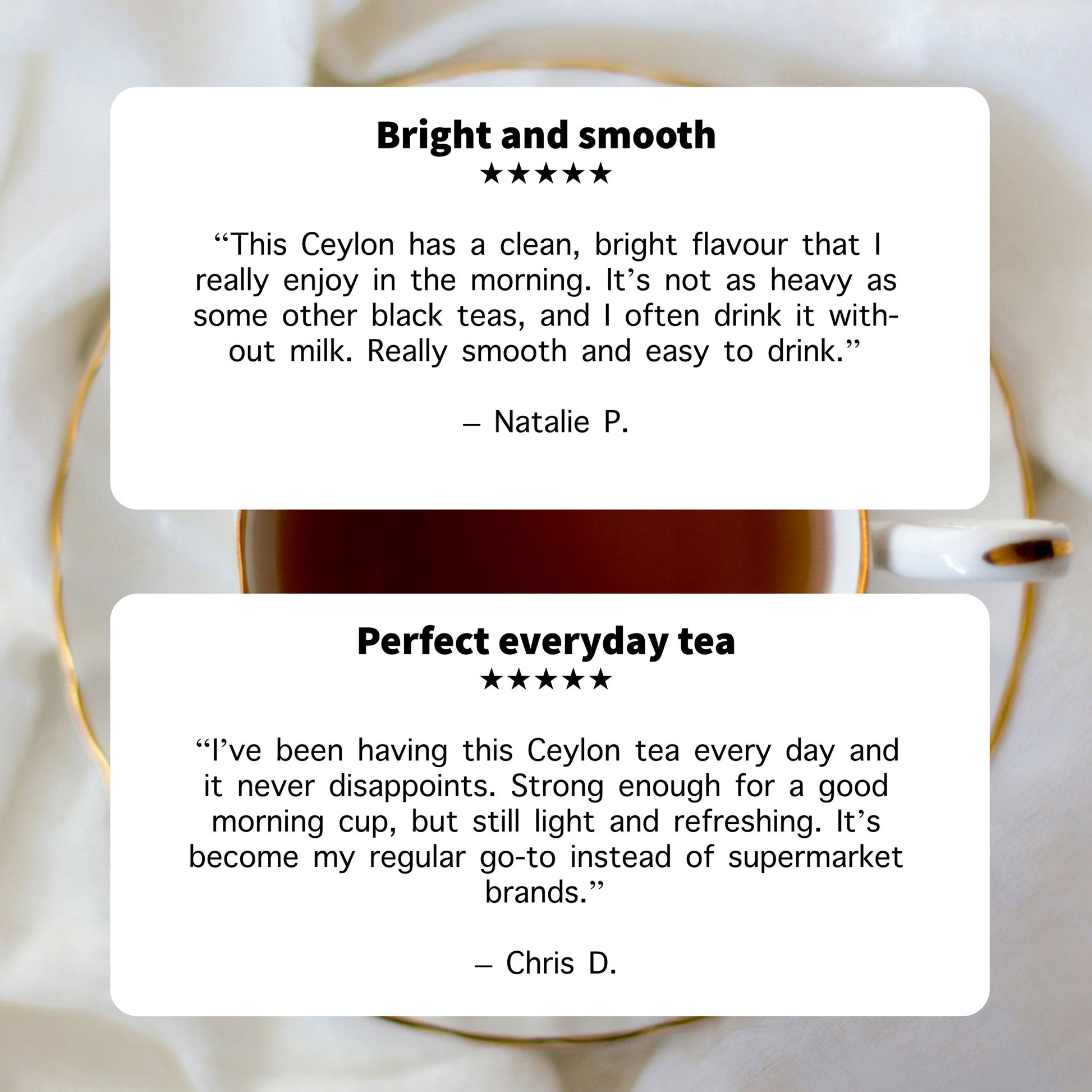 Reviews of Ceylon tea with a cup in the background