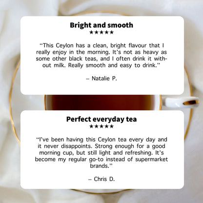 Reviews of Ceylon tea with a cup in the background