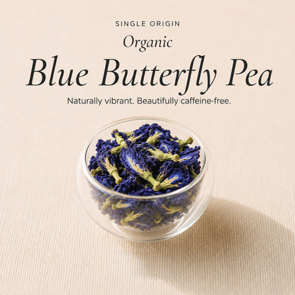 Whole dried organic blue butterfly pea flowers in a glass bowl