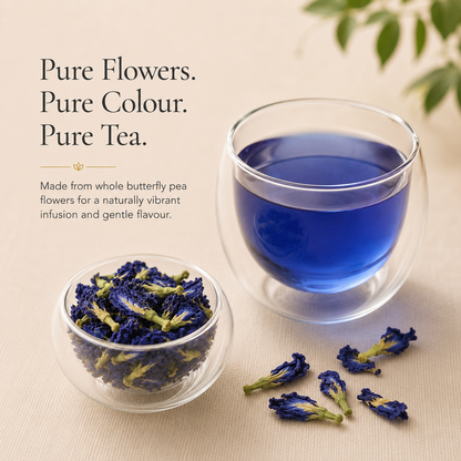 Vivid blue butterfly pea flower tea with whole dried flowers