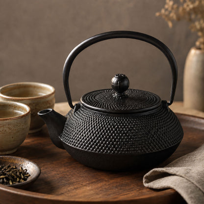 Black cast iron hobnail teapot with infuser