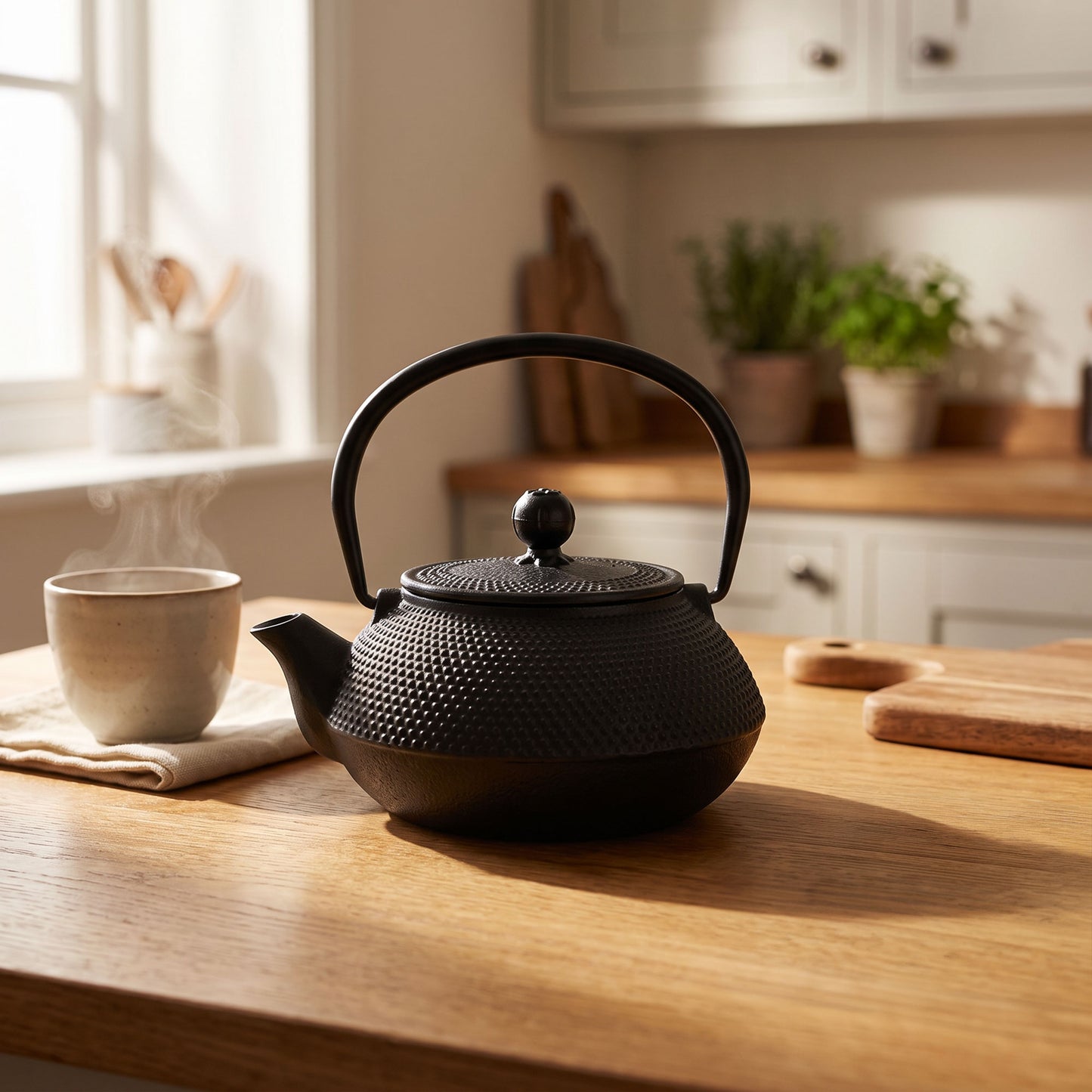 Cast iron hobnail teapot with overhead handle