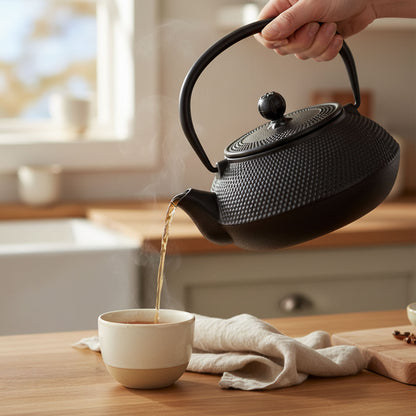 Black hobnail teapot showing the pouring spout