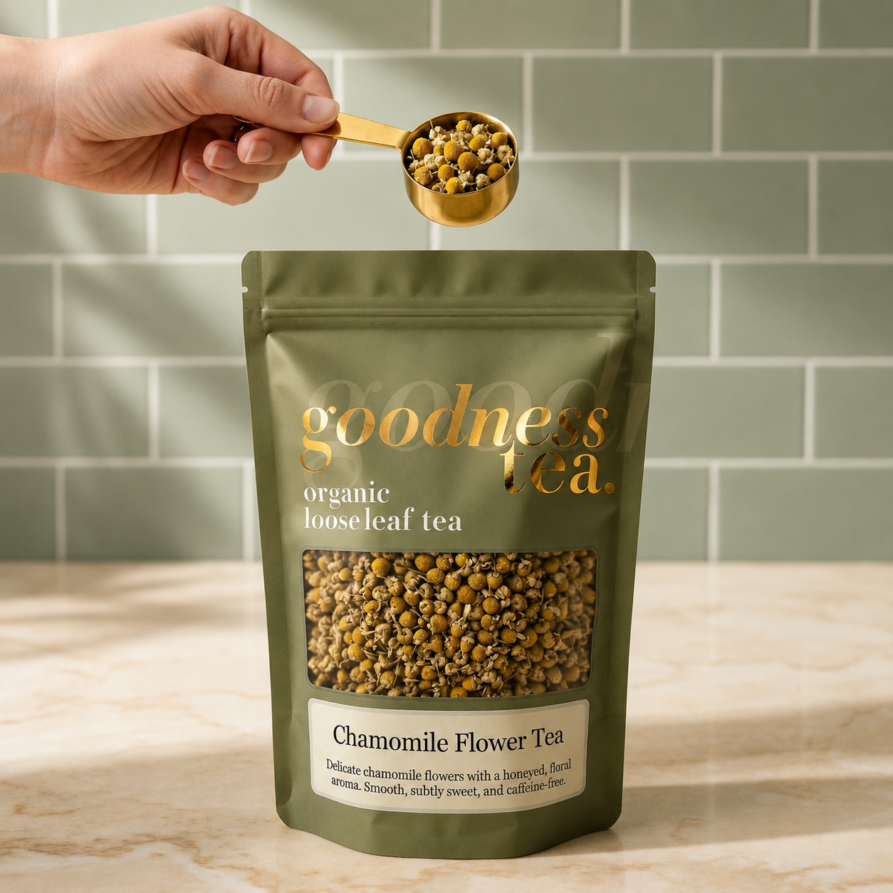 Goodness Tea package with chamomile flowers being measured with a spoon against a green tiled wall.