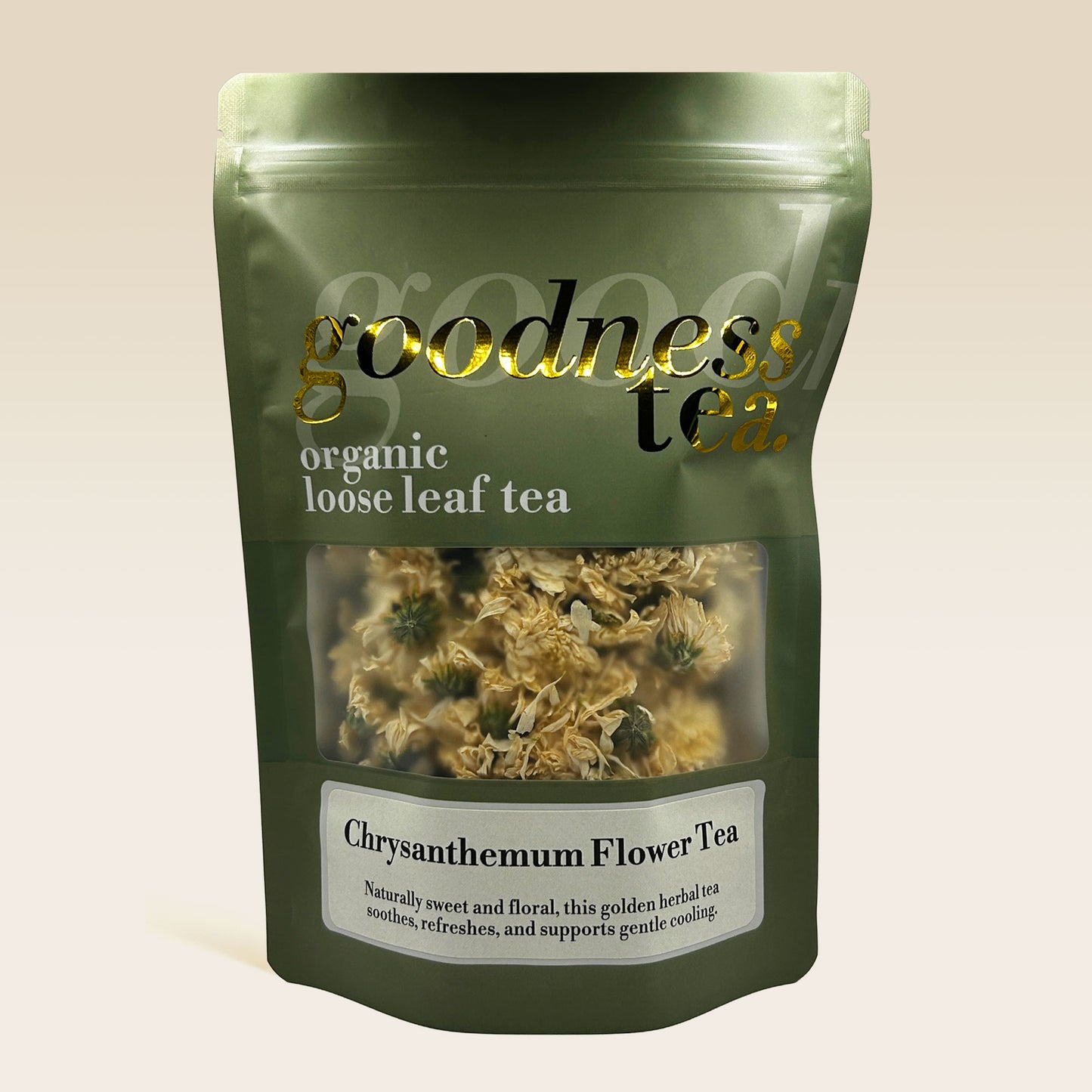 Goodness Tea organic loose leaf Chrysanthemum Flower Tea package on a beige background