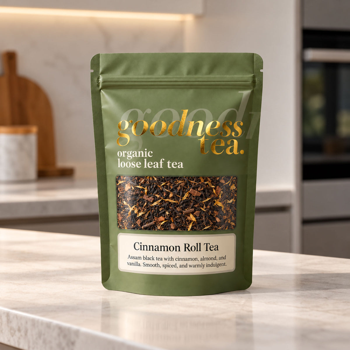 Goodness Tea Organic Cinnamon Roll Black Tea pouch