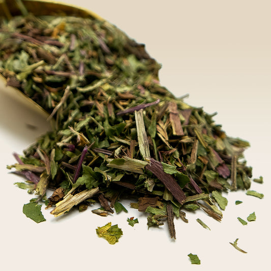 Heap of dried Dandelion Leaf herbs on a white background