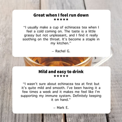 Two reviews about echinacea tea on a wooden surface with a cup of tea.