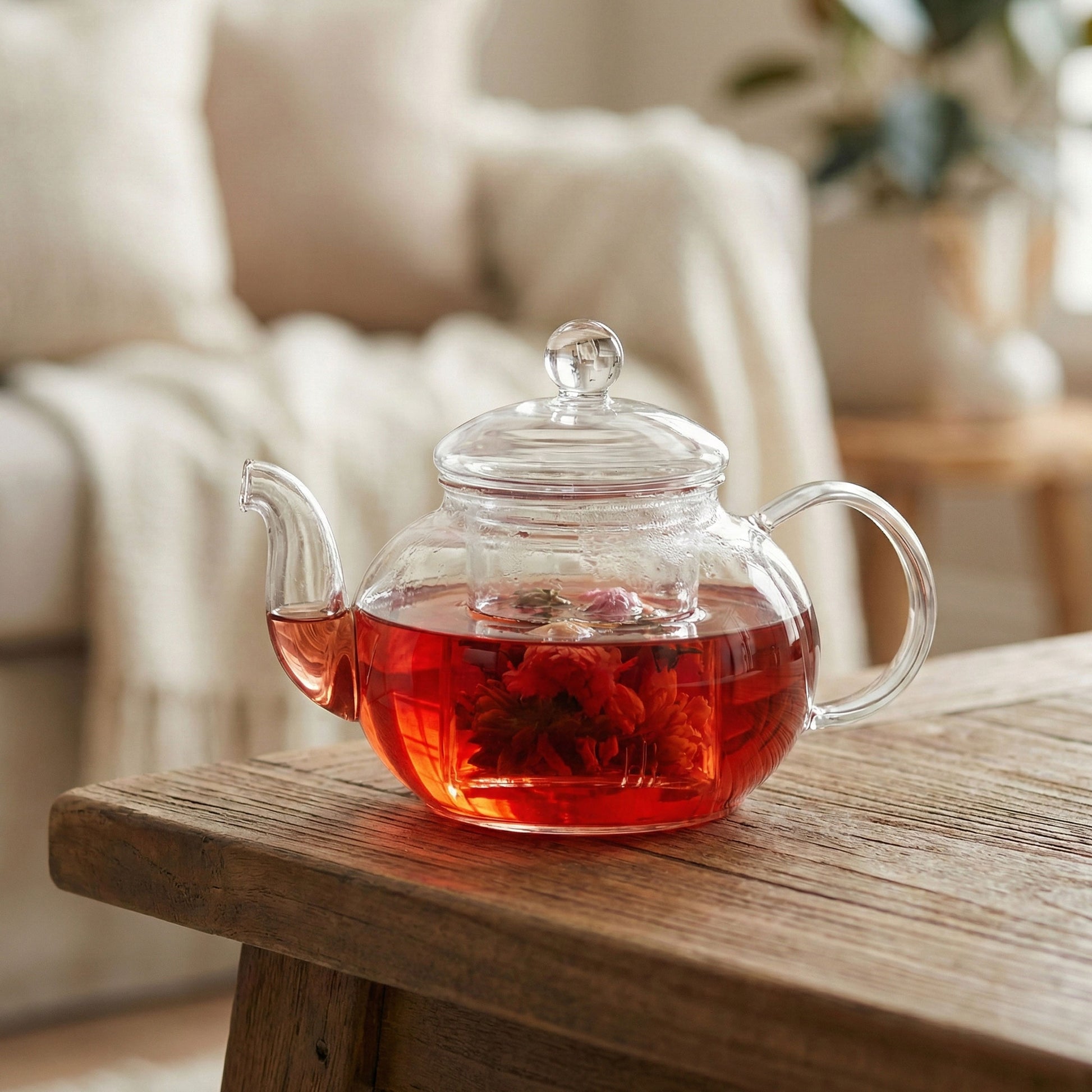 Clear glass teapot with tea on a wooden table in a cozy room.