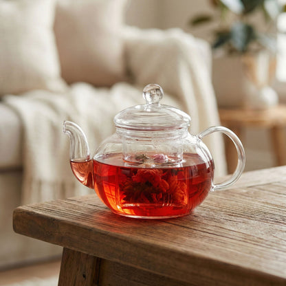 Clear glass teapot with tea on a wooden table in a cozy room.