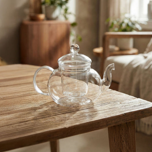 Clear glass teapot on a wooden table with an indoor background