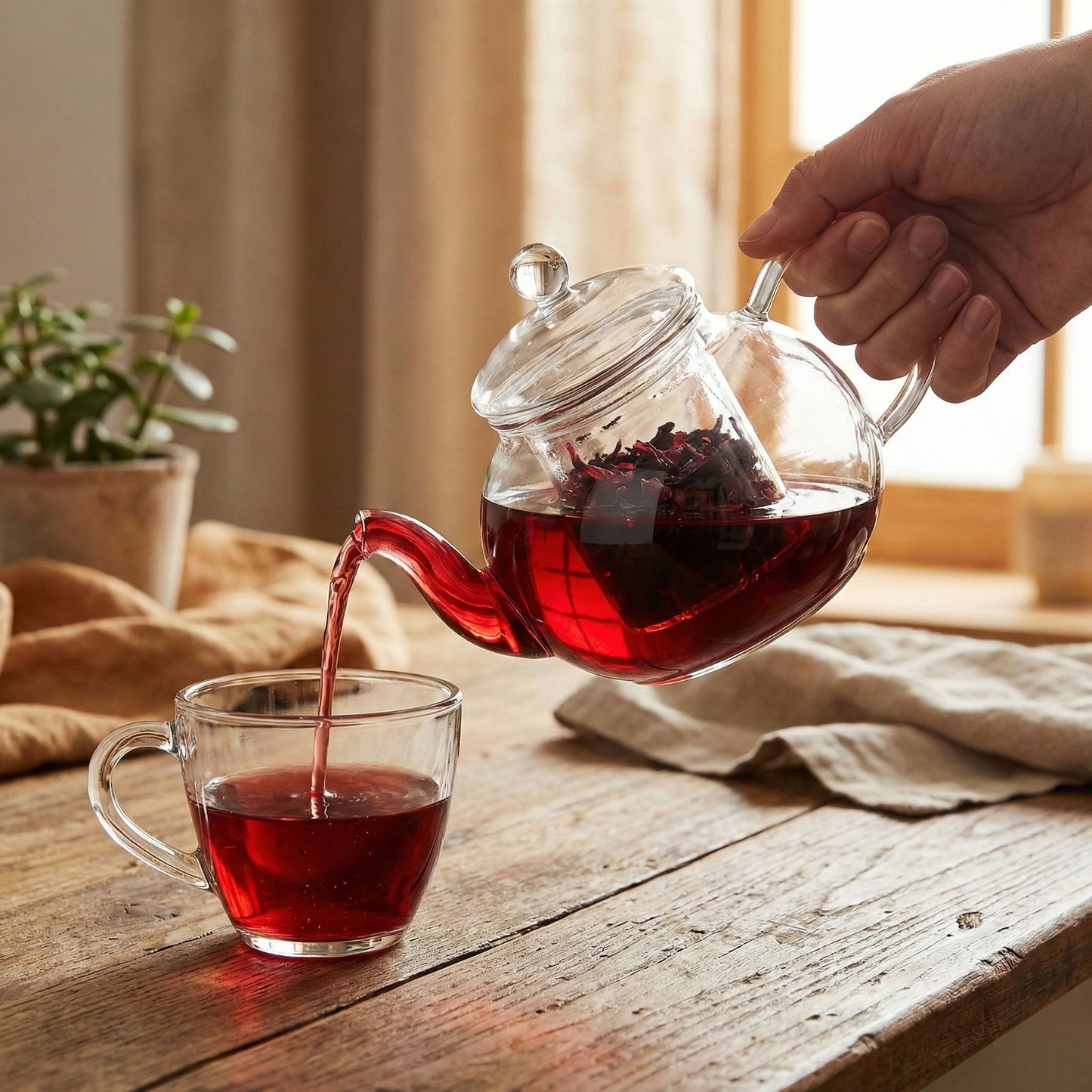 Glass teapot being filled with hibiscus tea into a glass mug on a wooden table.