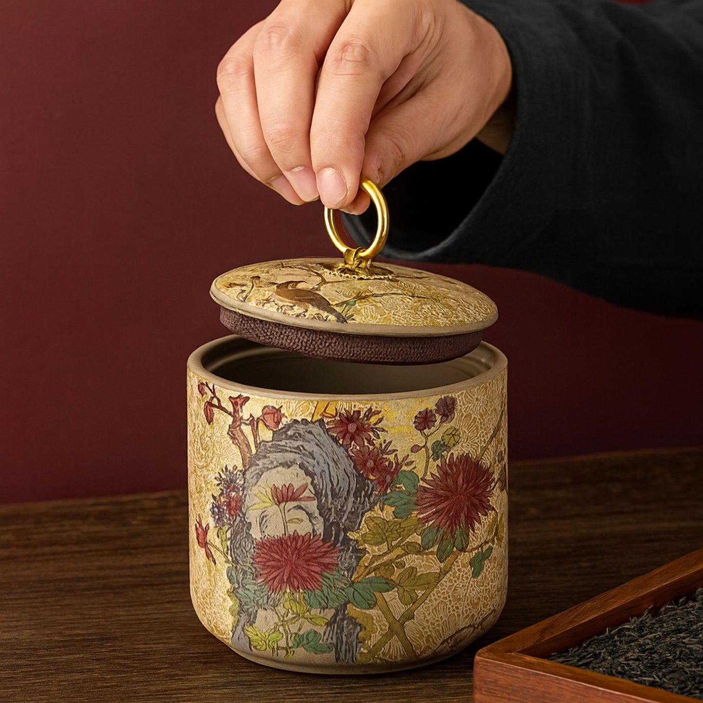 Enamel Ceramic Tea Canister – Airtight Storage Jar with Gold Ring Lid
