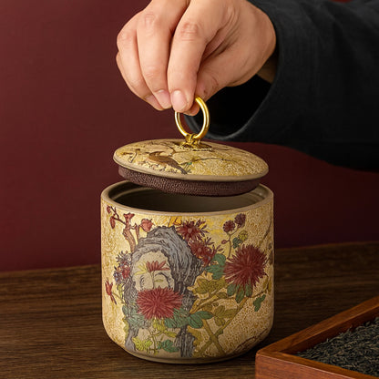 Enamel Ceramic Tea Canister – Airtight Storage Jar with Gold Ring Lid