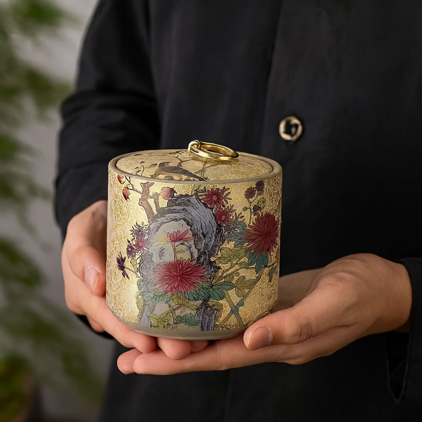 Enamel Ceramic Tea Canister – Airtight Storage Jar with Gold Ring Lid