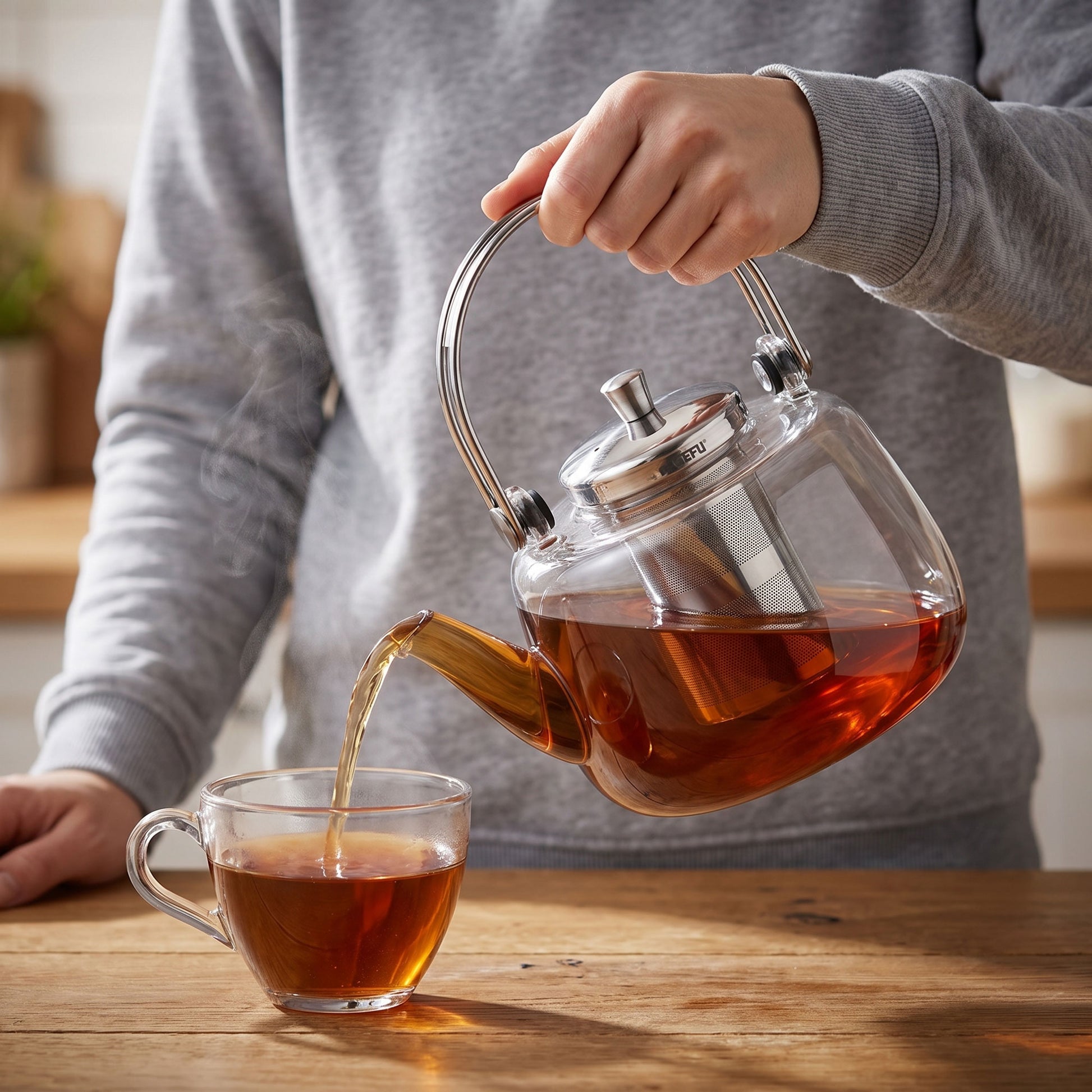 Side view of GEFU INFUSA glass loose leaf teapot