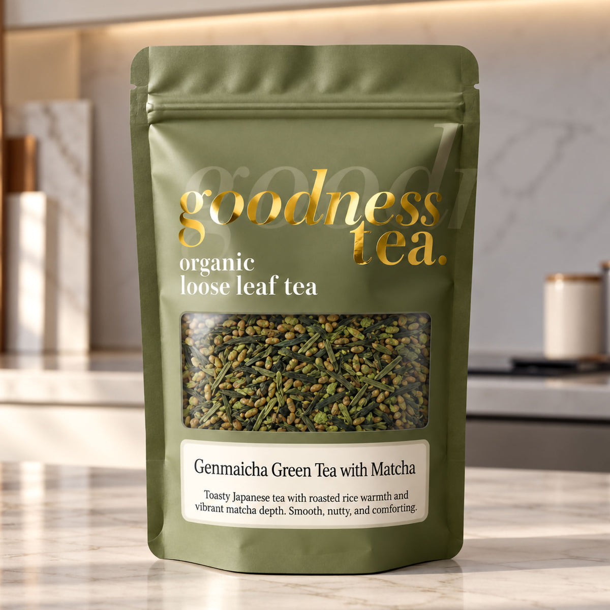 Goodness Tea Organic Genmaicha with Matcha Green Tea pouch