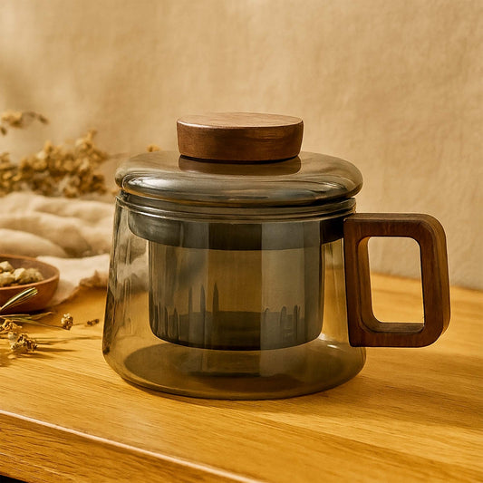 Clear glass mug with wooden handle and lid on a wooden surface