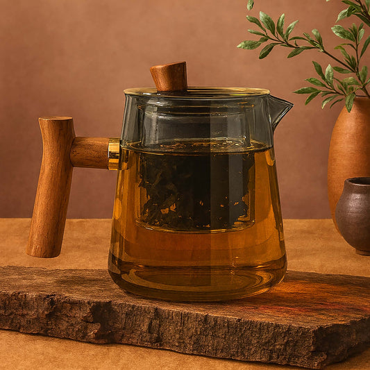 Glass teapot with wooden handle and lid on a wooden surface with a brown background