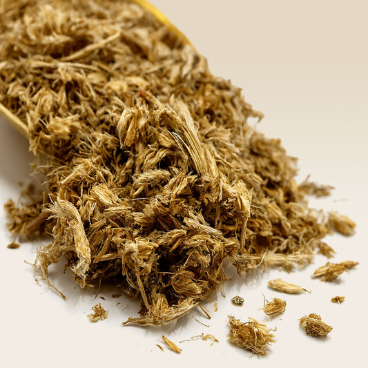 Close-up of dried Marshmallow Root on a white background