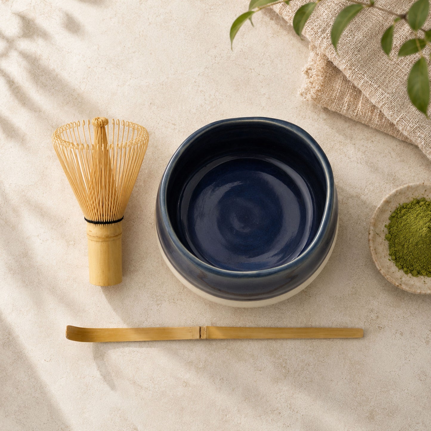 Navy and white ceramic matcha bowl