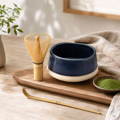 Three-piece ceremonial matcha set in gift packaging