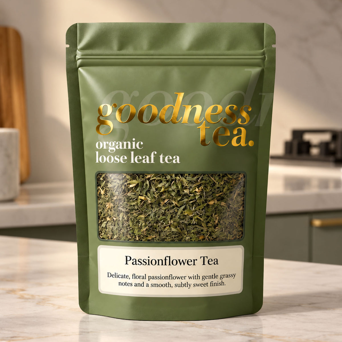Goodness Tea Organic Passionflower Herbal Tea pouch