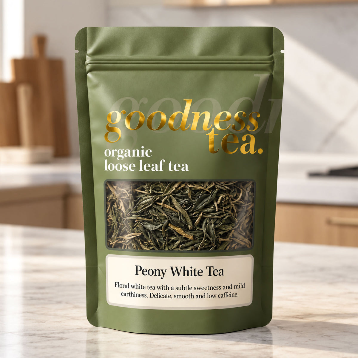 Goodness Tea Organic White Peony Tea Bai Mu Tan pouch