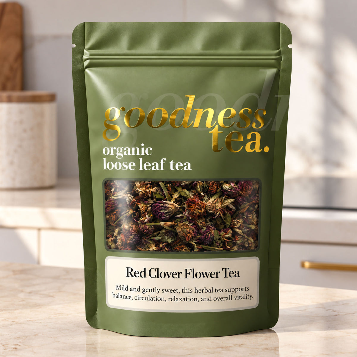 Goodness Tea Organic Red Clover Flower Herbal Tea pouch