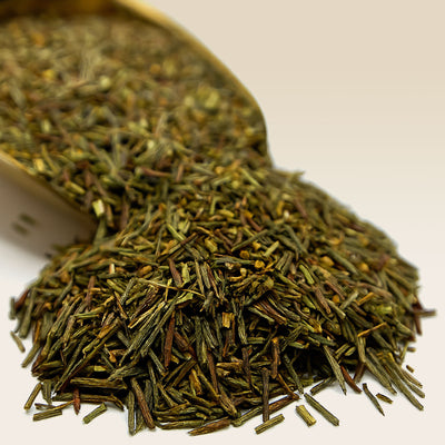 Close-up of green Rooibos tea on a white background