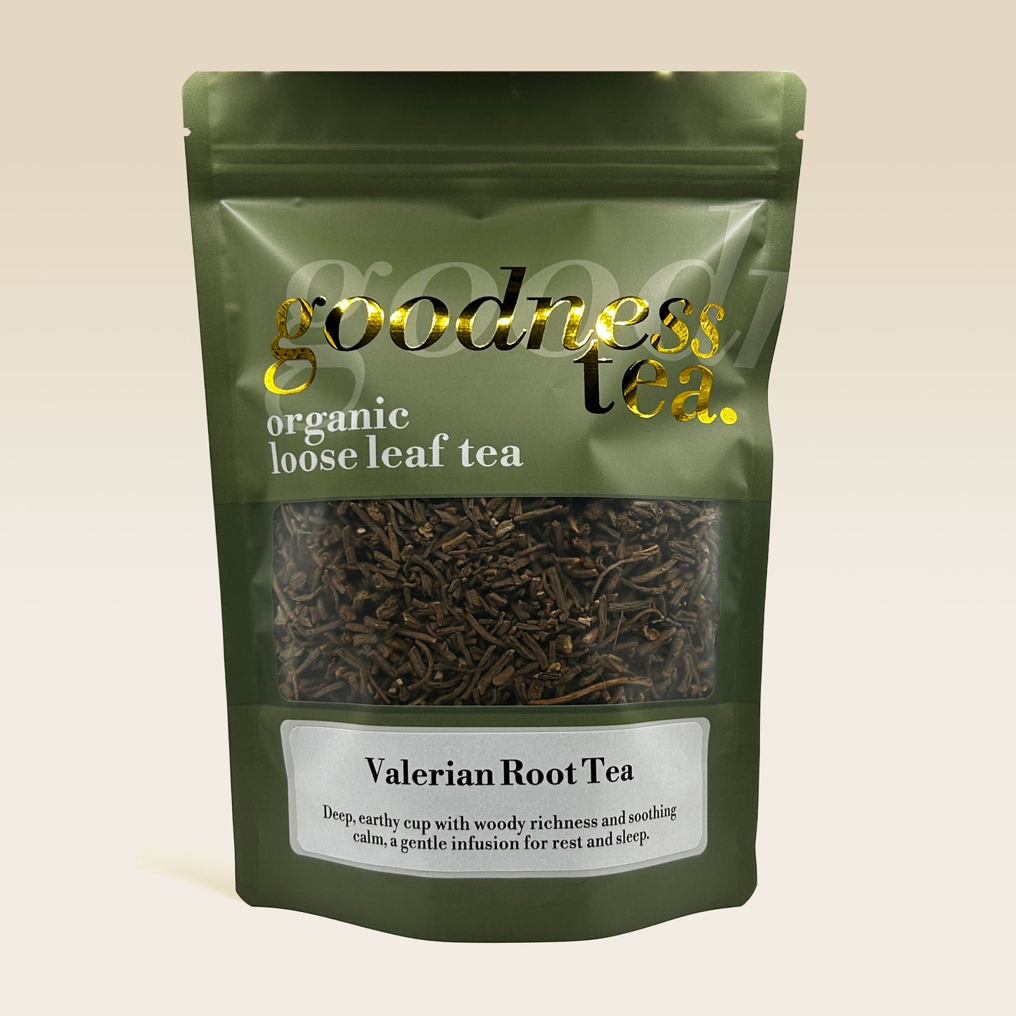 Valerian Root Tea package with 'goodness tea' branding on a beige background