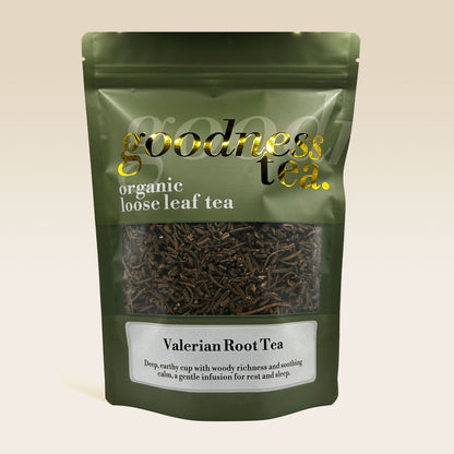 Valerian Root Tea package with 'goodness tea' branding on a beige background